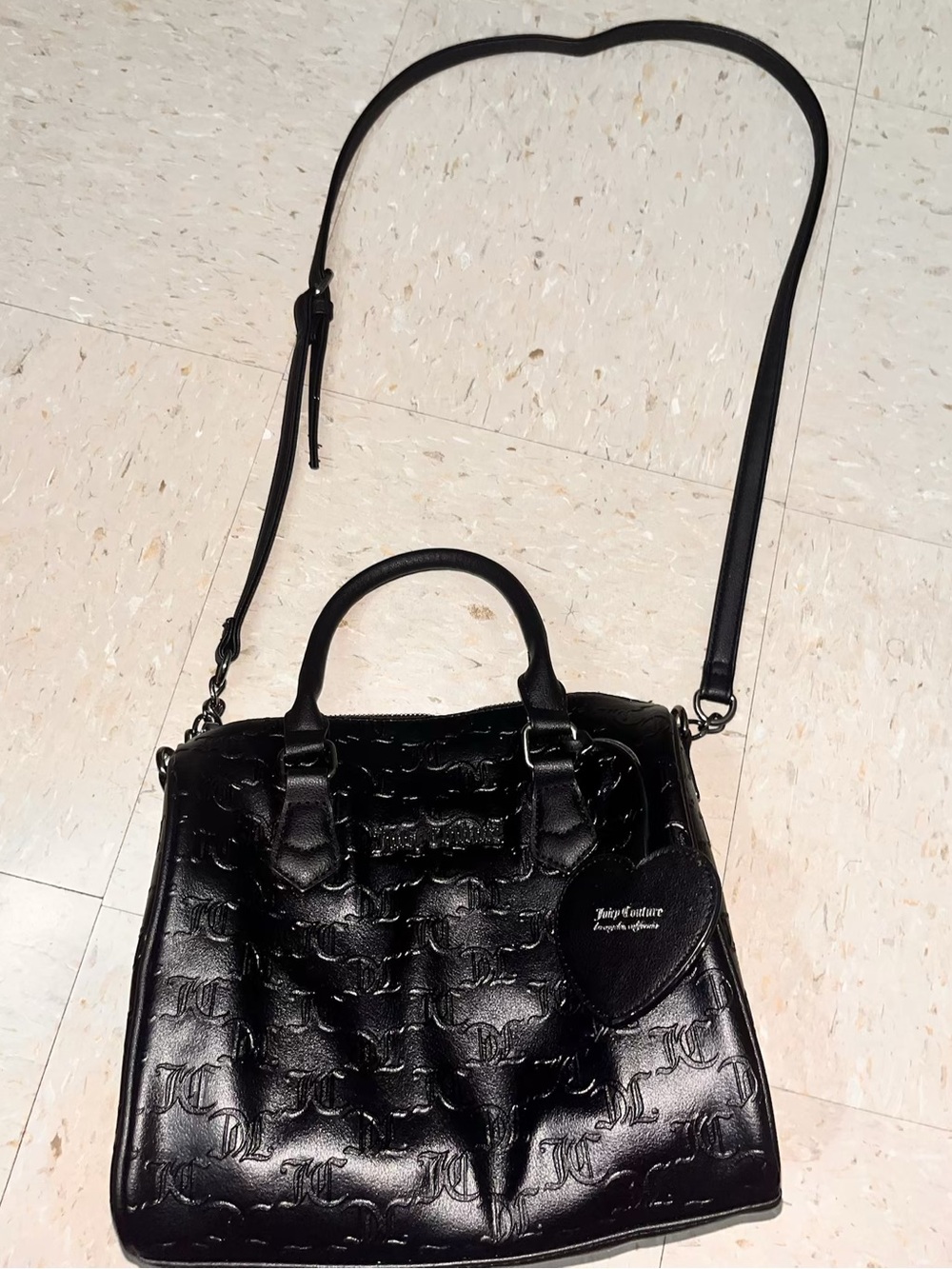 Juicy Couture Black Embossed Logo Satchel with Heart Charm